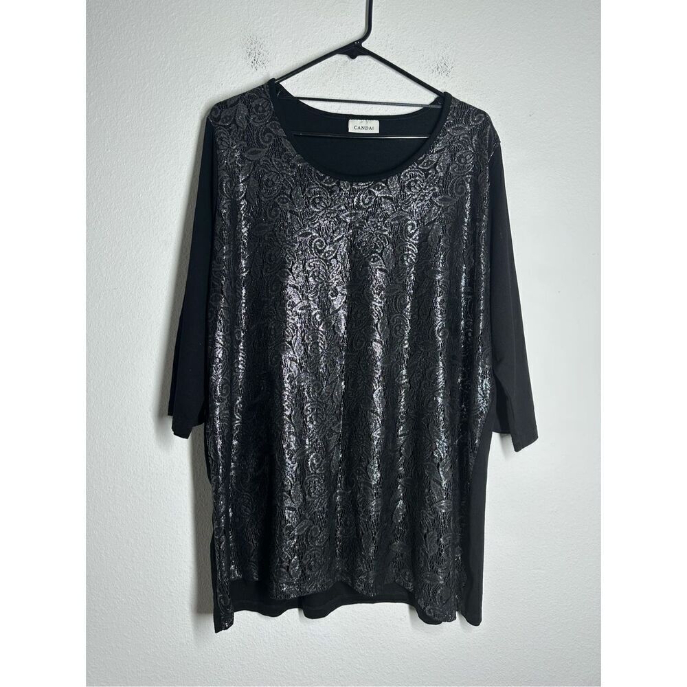 Canda Women’s Bohemian Romantic Tunic Top Silver Lace Pattern Size XL See Notes